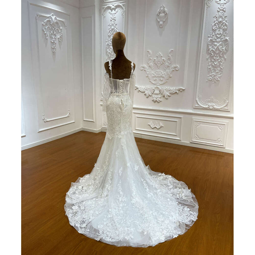 Customized New Design Applique Lace Detachable Long Sleeve Mermaid Bridal Wedding Dress