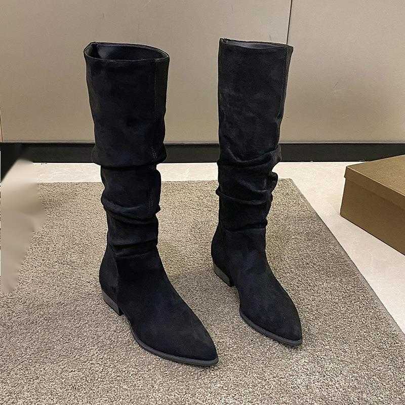 CMM Pile Up Boots for Womens Fashion Suede Thick Heel Pointed Toe Autumn New Versatile Pleated High Top Boots