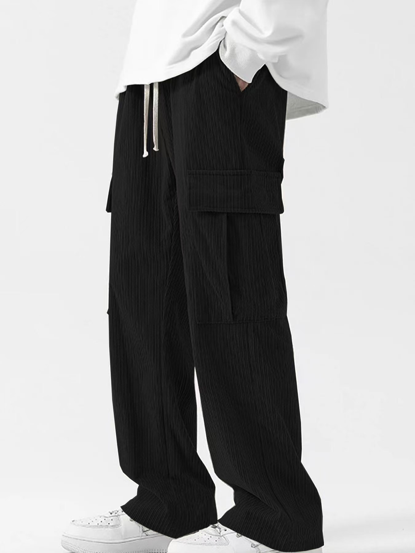 Men's new hot European and American fashion and leisure sports corduroy multi-bag overalls trousers.