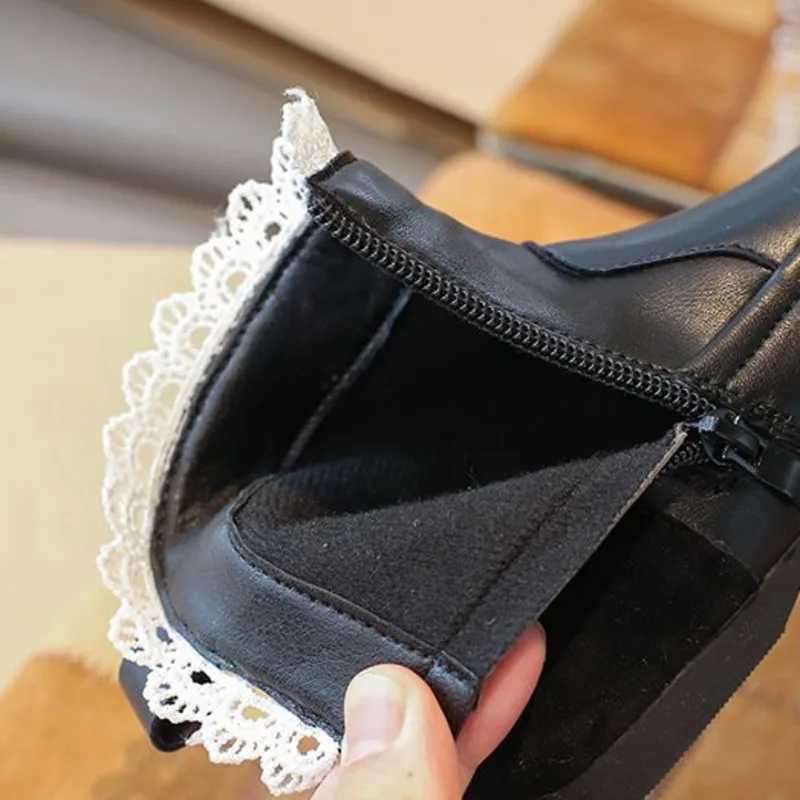 Bordered lace girls fashion boots solid PU leather patch work childrens ankle shoes Spirng autumn zipper childrens short boots M241102