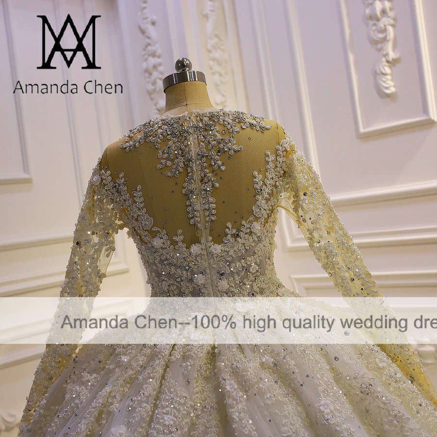 vestidos formales Long Sleeve Lace Appliques Rhie Crystal African Wedding Dress
