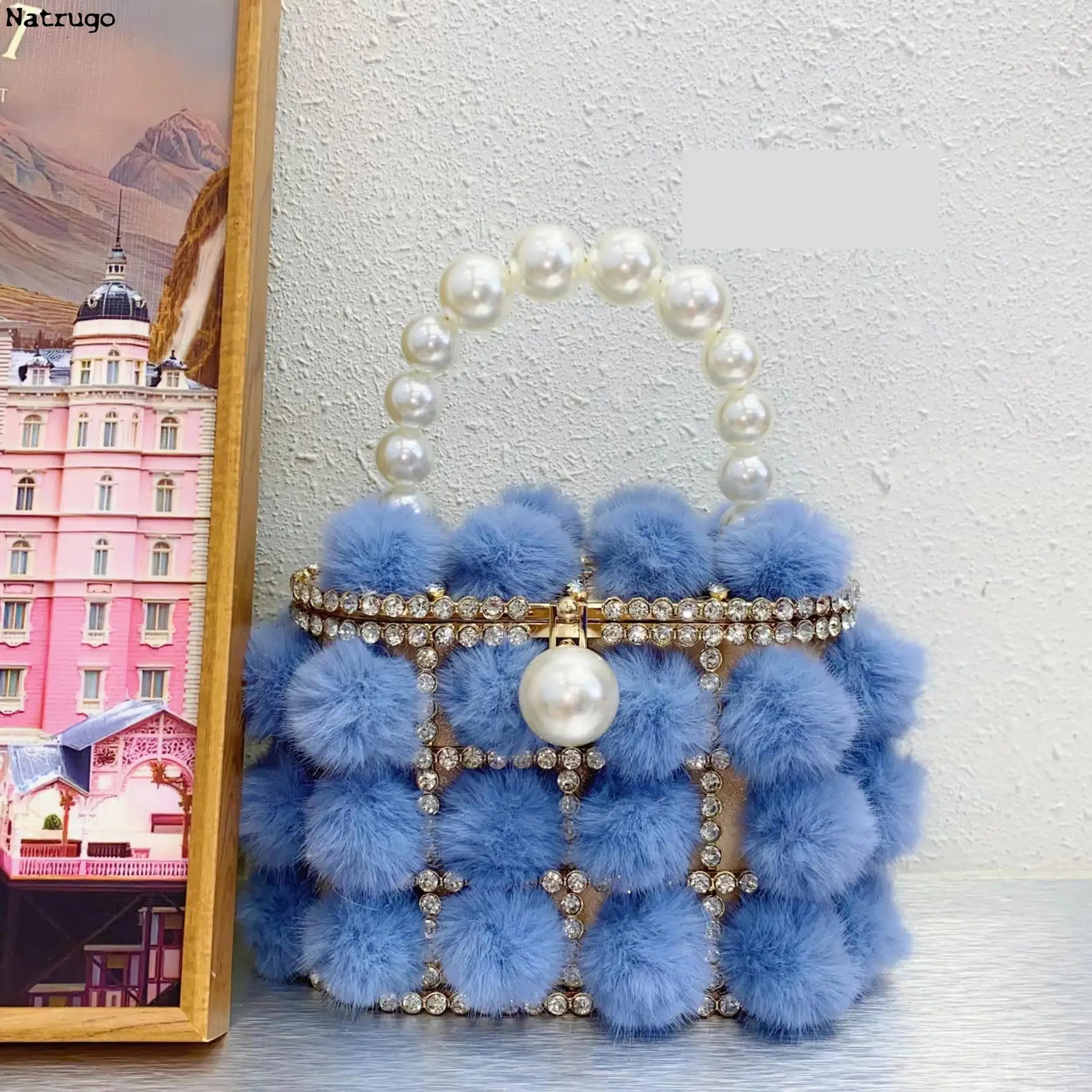 Pearl Handle Rhinestone Evening Bag Fur Crystal Top Handbag Womens Wallet and Handbag Banquet Bag 241031