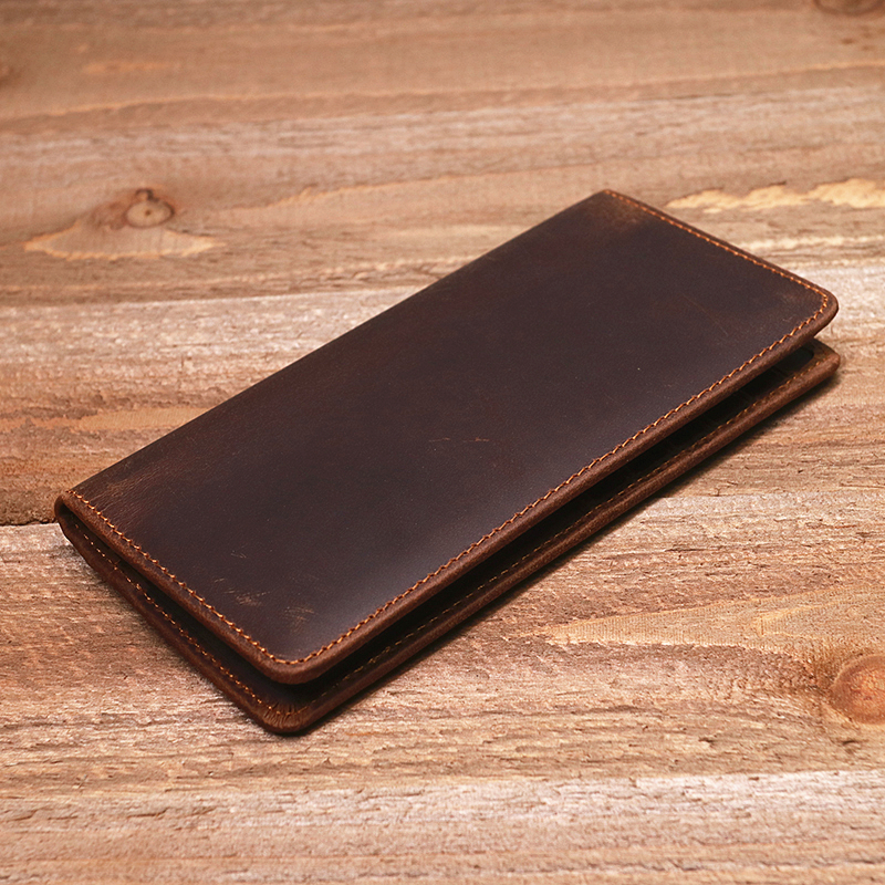 Genuine Leather Wallet For Men Vintage Crazy Horse Long Bifold Slim Men's Purse Checkbook Wallet Cash With ID Window Card Holder