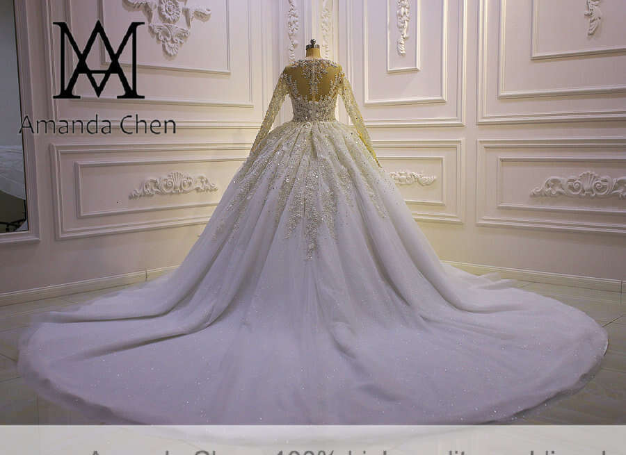 vestidos formales Long Sleeve Lace Appliques Rhie Crystal African Wedding Dress