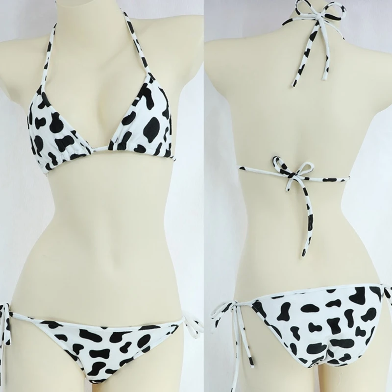 Women 2025 Milk Cow Print Bikini new Sets Sexy Halter Bras and Panty Cosplay Underwear