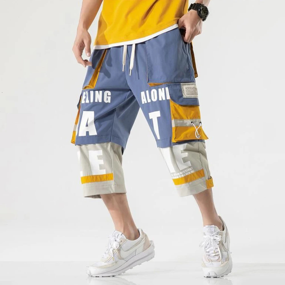 Summer Fashion Men Shorts Casual Hiphop Streetwear Harajuku Pocket Cargo Color Contrast Patchwork Print Street Retro Japan 240321