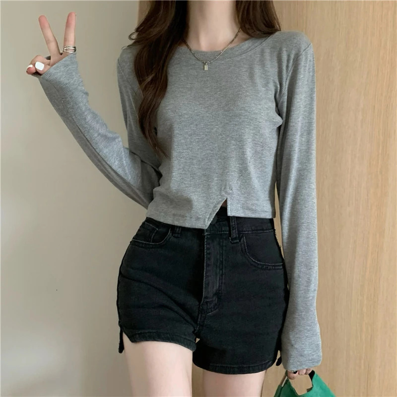Spring Fashion Y2K T-shirt Woman Vintage Long Sleeve Tee Shirt Femme Basic Solid Crop Top Women Solid Sexy Clothes Tshirt 240315