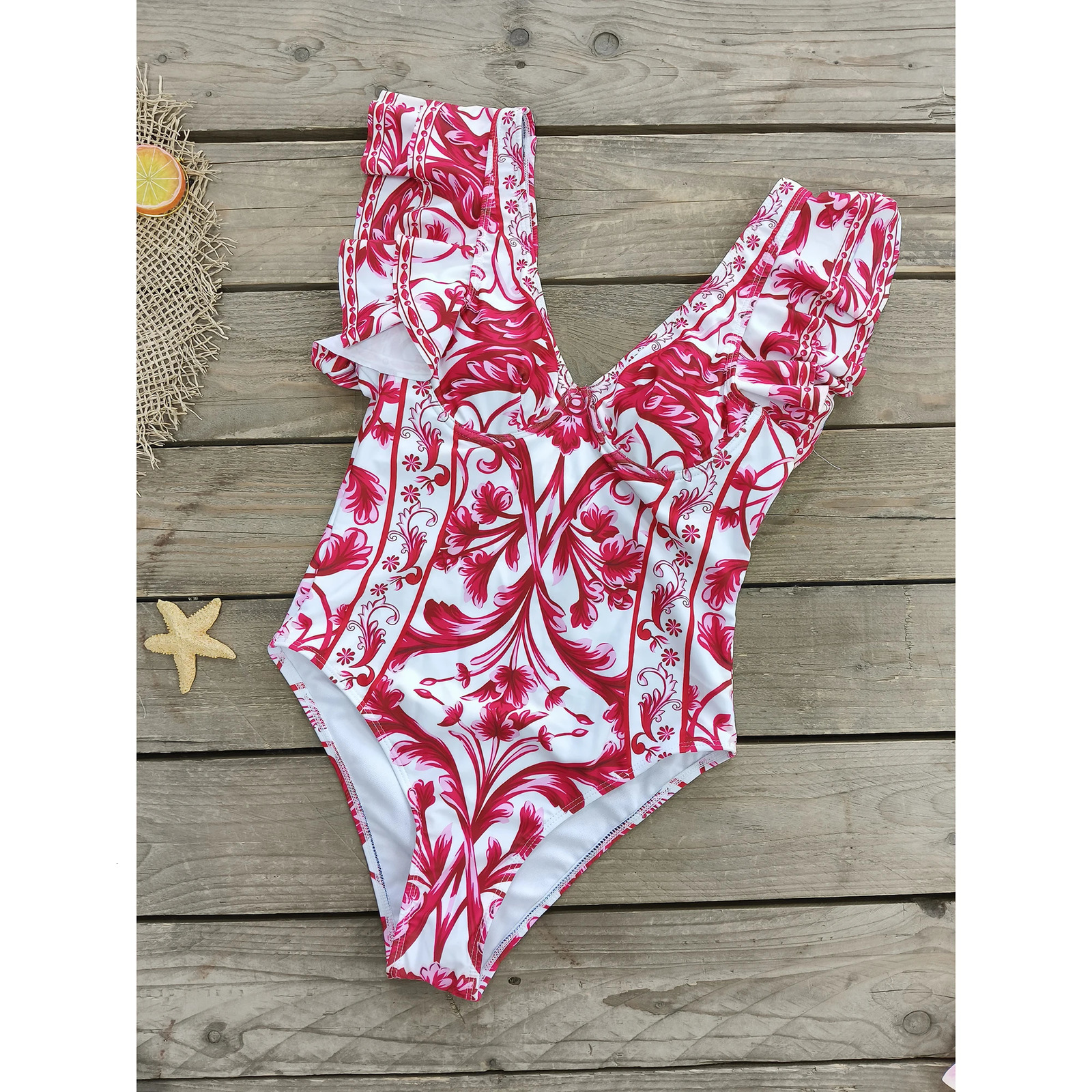 Women Swimwear 2PC Coverup Swimsuit Ruffle Solid Printed Deep V Onepiece Monokini Kimono Bikini Suit Summer Beachwear 240402