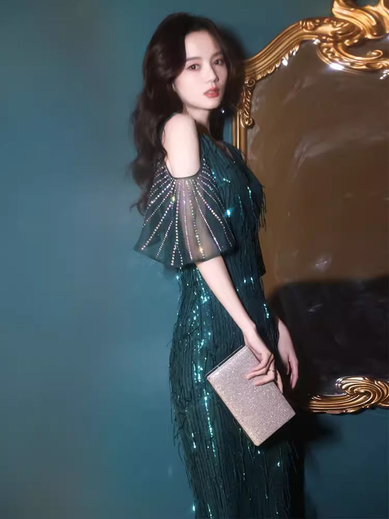 Green Sequin Evening Dresses V Neck Off shoulder Women Elegant Mermaid Maxi Prom dress Party Gown Abendkleider Robe De Soiree Vestidos