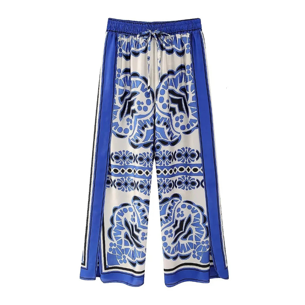 Print Women Shirt Summer Fashion Loose Wide Leg Pants Female Clothing Elastic Waist Streetwear Femle Trousers Split Set 240329