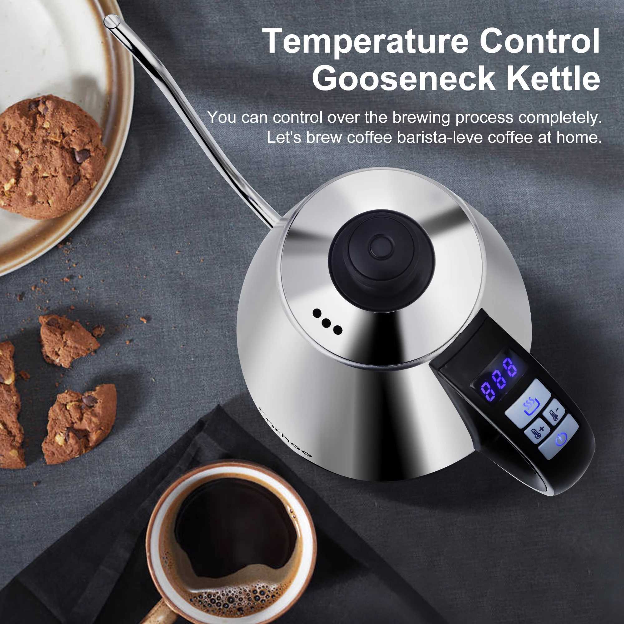 Stainless steel electric gooseneck kettle with coffee dropper poured onto the coffee pot temperature control LED display screen Y241102