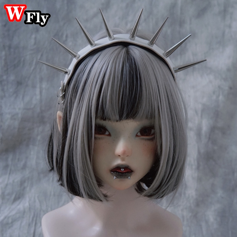personality Y2K Harajuku Halloween Women Cool Girl Punk Gothic Lolita Cosplay Black White Hair Band PU Hottie Rivet