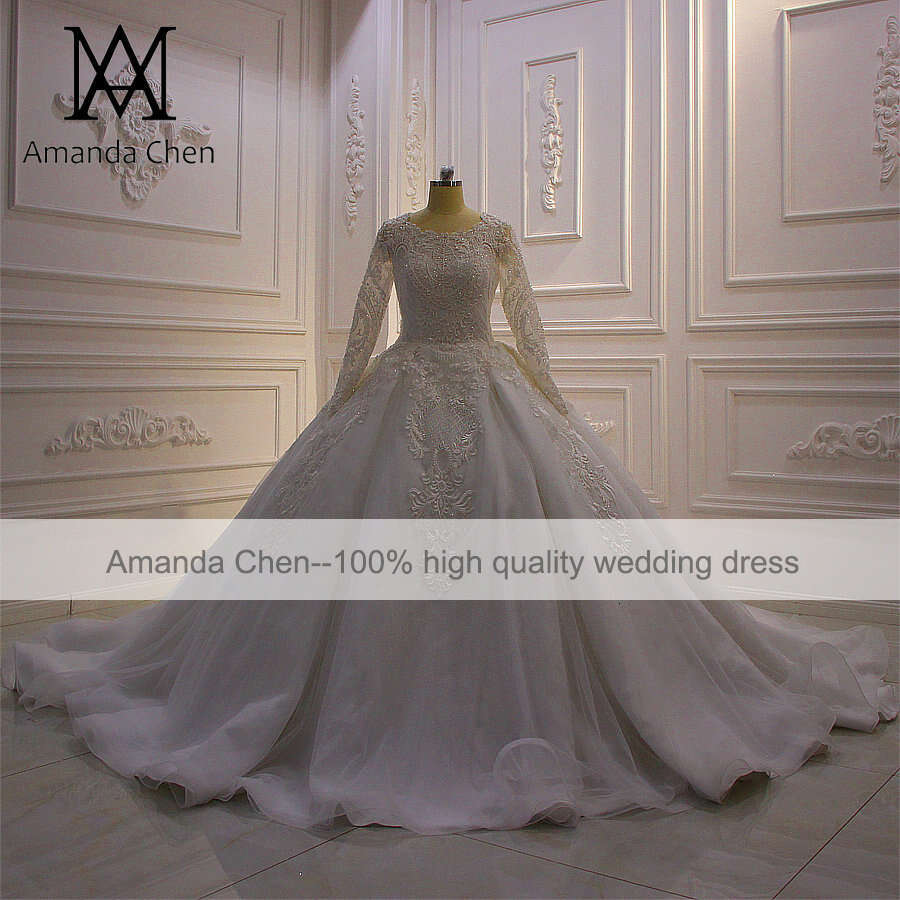 bruidsjurken Full Sleeve Lace Applique Wedding Dress for Muslim Bride