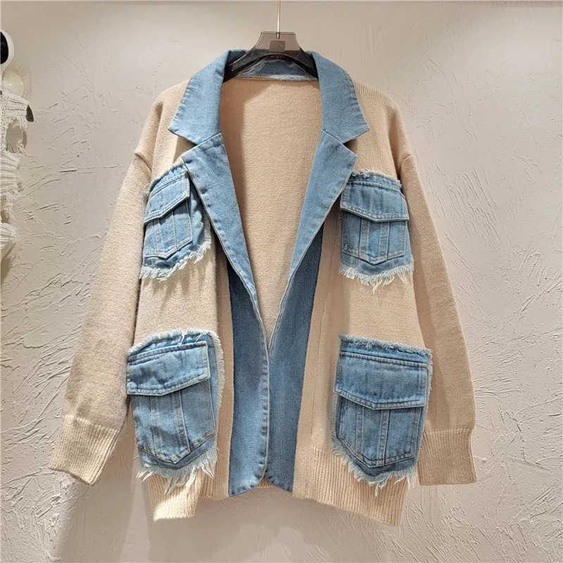 Womens denim patchwork suit jacket knitted cardigan pocket contrasting color jeans jacket long sleeved autumn sweater top 241031