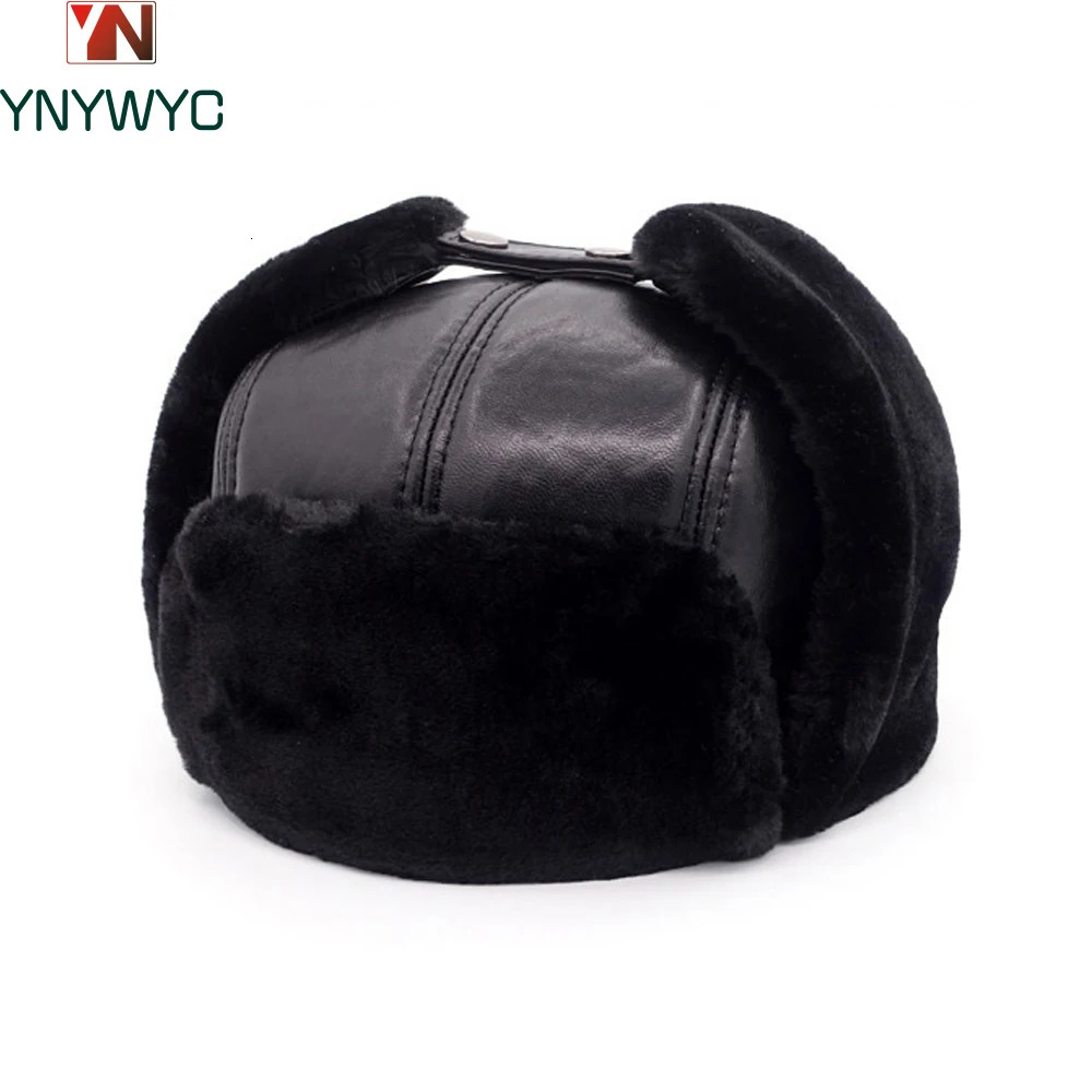 Mens casual winter warm sheepskin hat Russian adult hat mens 100% natural genuine sheepskin leather bomber hat 241031