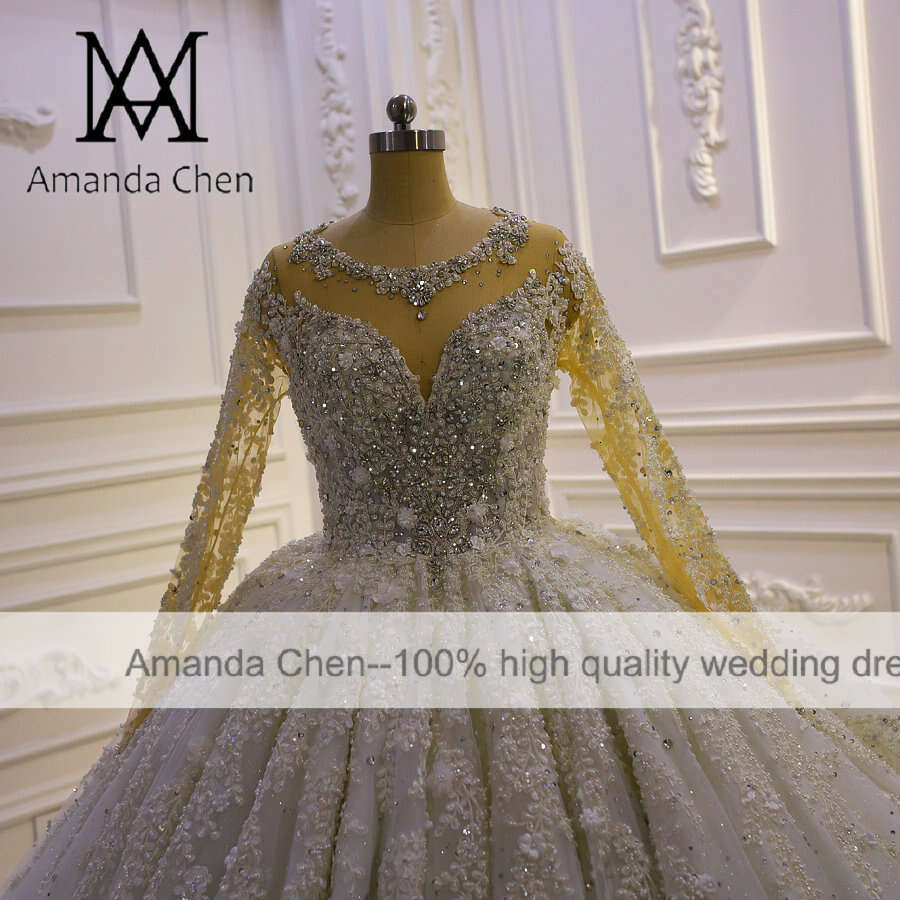 vestidos formales Long Sleeve Lace Appliques Rhie Crystal African Wedding Dress