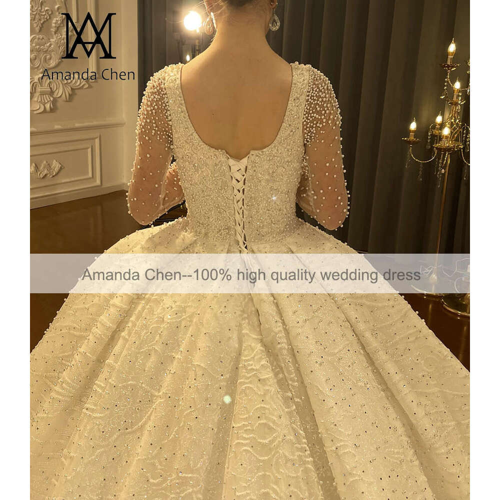 Full Sleeve Square Necke Pearls Wedding Dress