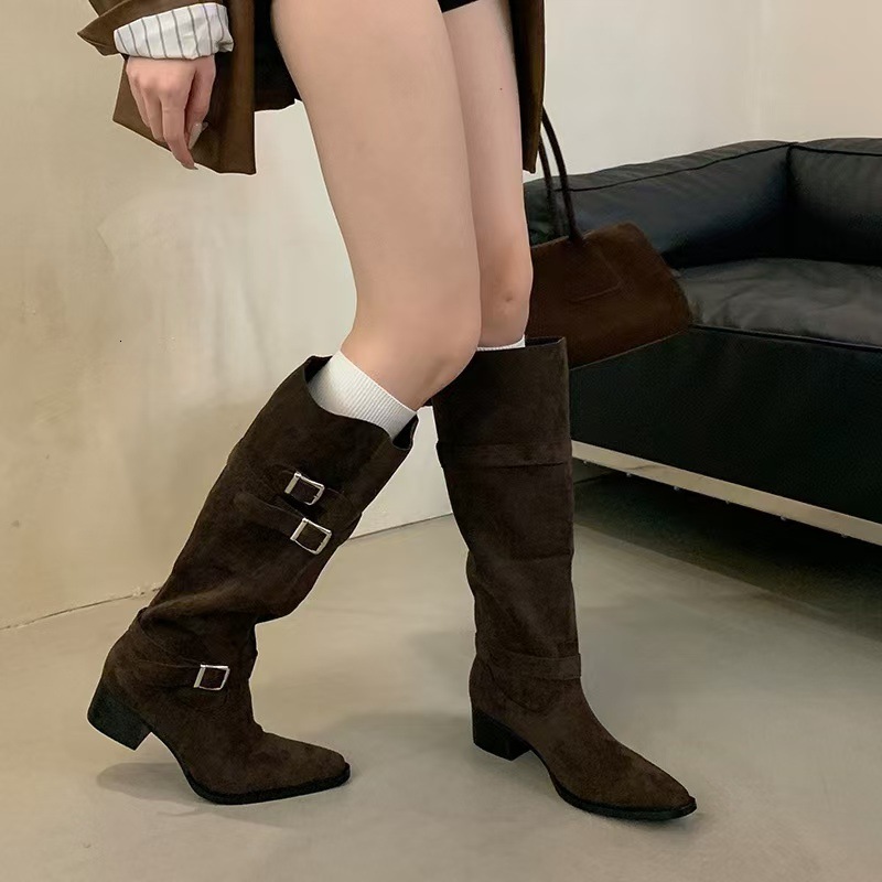 2024 Autumn And Winter New Pointed Long For Women, Thick Heel High Leg Boots That Do Not Exceed The Knee, High-Heeled Women's Shoes