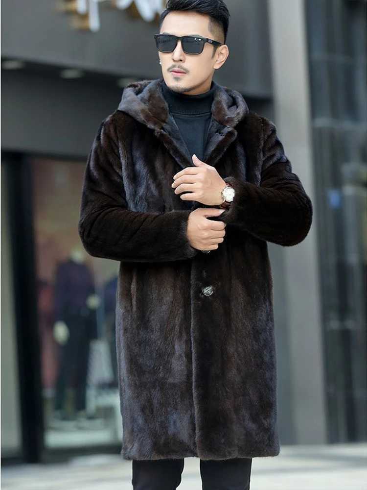 Winter Hooded Long Faux Fur Jacket Men Long Sleeve Single-breasted Thick Warm Fake Fur Coats Windproof Mens Fur Jacket CoatXJ241102