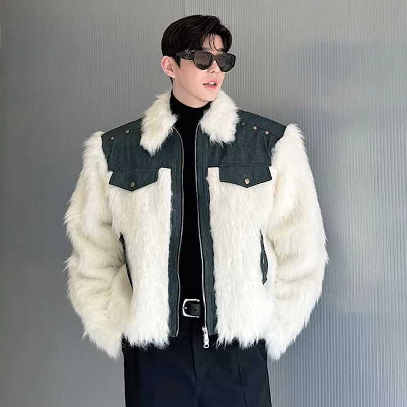 IEFB Niche Design Mens Faux Fur Coats Turn-down Collar Denim Patchwork Fake Mink Hair Loose Male Jackets Autumn Winter 9C8187XJ241102