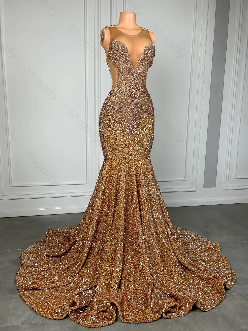 2024 Sparkly Brown Dia Long Prom Dress for Black Girl Beads Rhie Gold Sequin Mermaid Women Evening Birthday Party Gowns Robe De Soiree