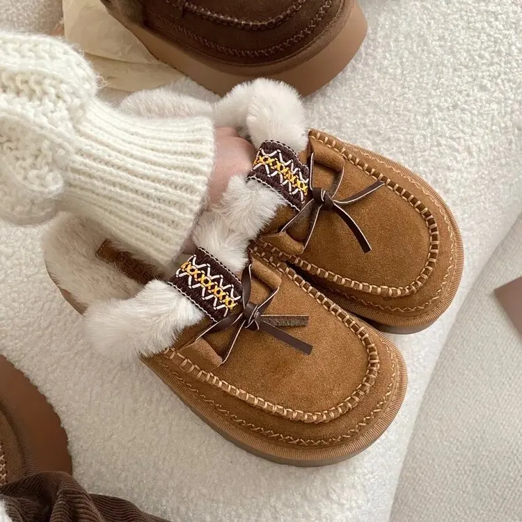 Women's Leather Shoes Cover Toe Ladies Slippers Med Platform Flock Fringe Flat Snow Boots Rome Fur Shearling Slides Rub