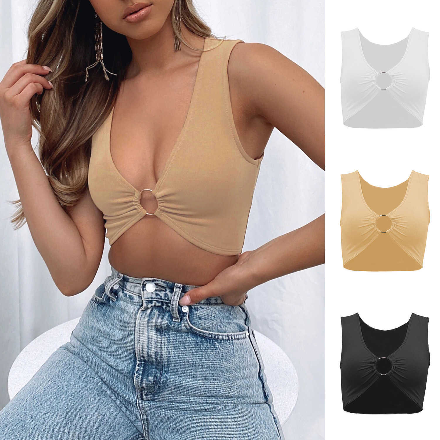 Womens Tshirt WoMens Summer Exposed Navel Woman Vest Womens Knits V-neck Solid Color Small Metal Ring Hollow Open Back Sexy Slim Fit Vest 241024