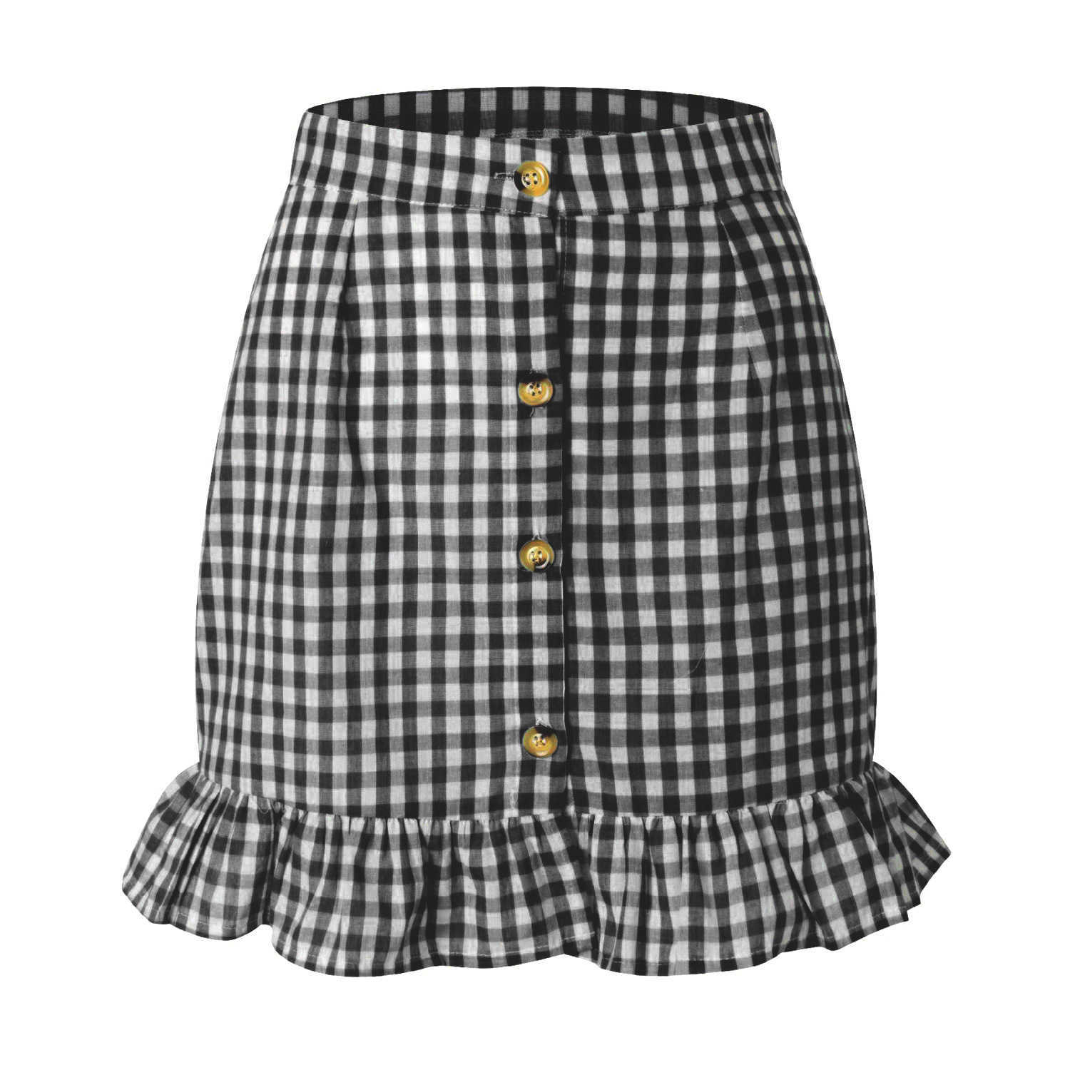 Bohemian Fish Tail Skirts For Women Short Ball Skirt Lace Side Summer WoMens Clothes Plaid Ruffle Skirt High Waist Single Button Small Fresh Plaid Ski