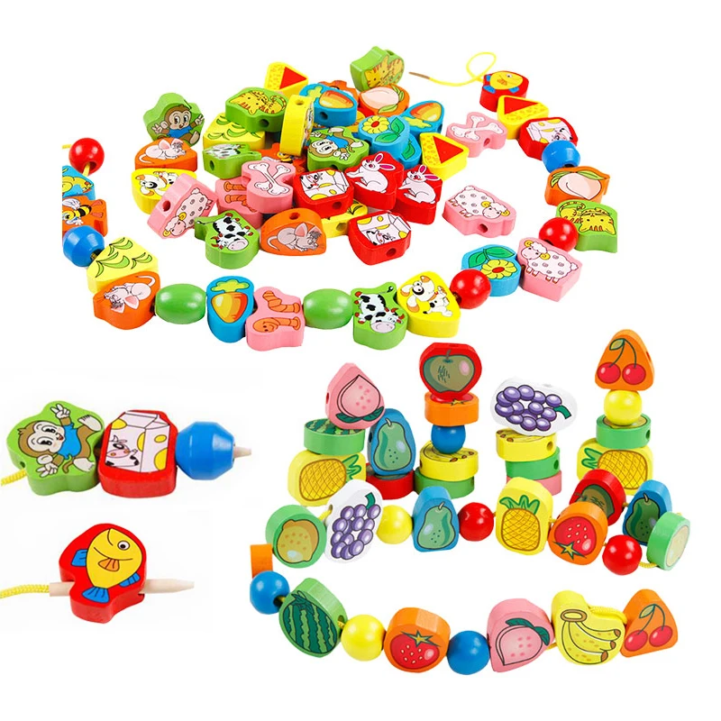 26pcs Wooden Toys Baby DIY 2025 Toy Cartoon Fruit Animal Stringing Threading Wooden beads Toy new Monterssori Educational for Kids GYH