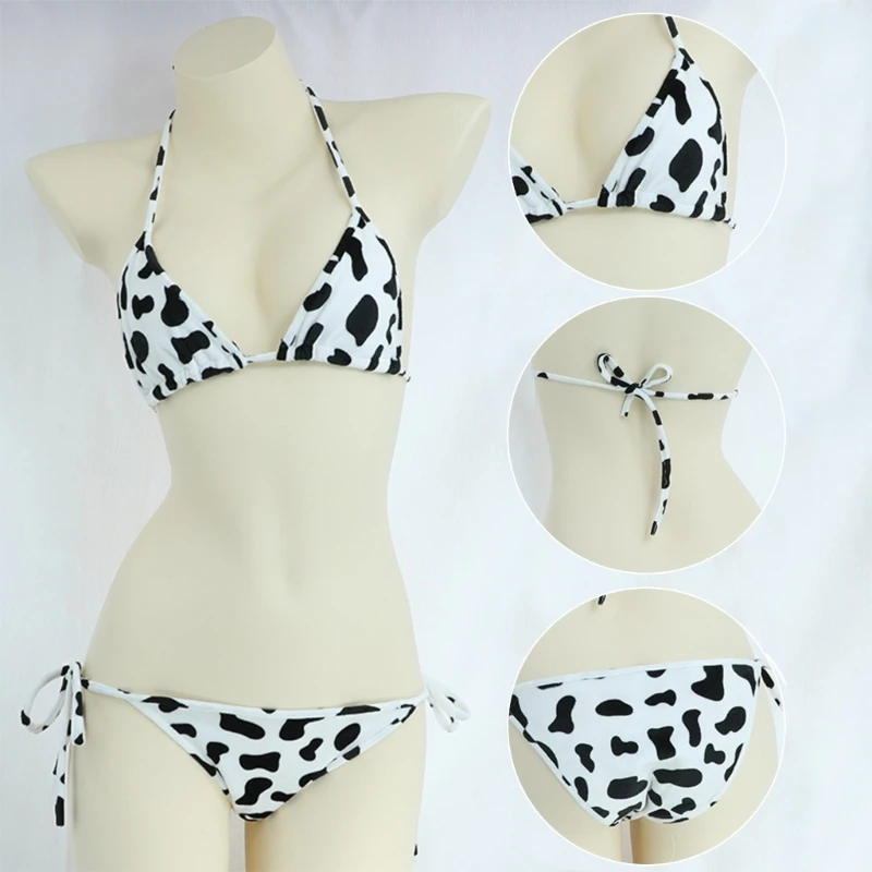 Women 2025 Milk Cow Print Bikini new Sets Sexy Halter Bras and Panty Cosplay Underwear