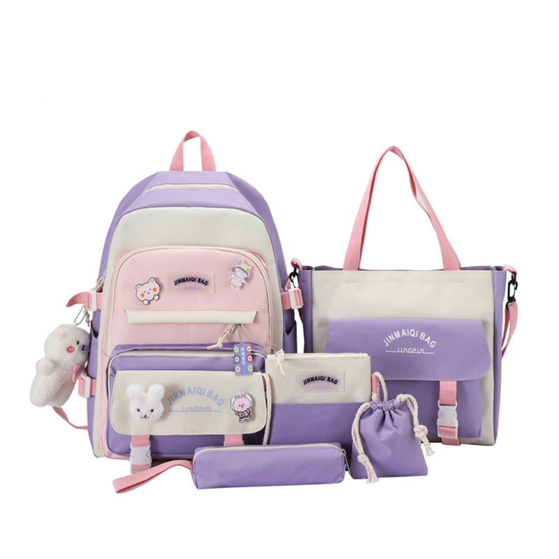 5Pcs Kawaii Cute Backpacks Combo Set, Students Lightweight Bookbag Outdoor Daypack with Anti-Theft Pocket Kit