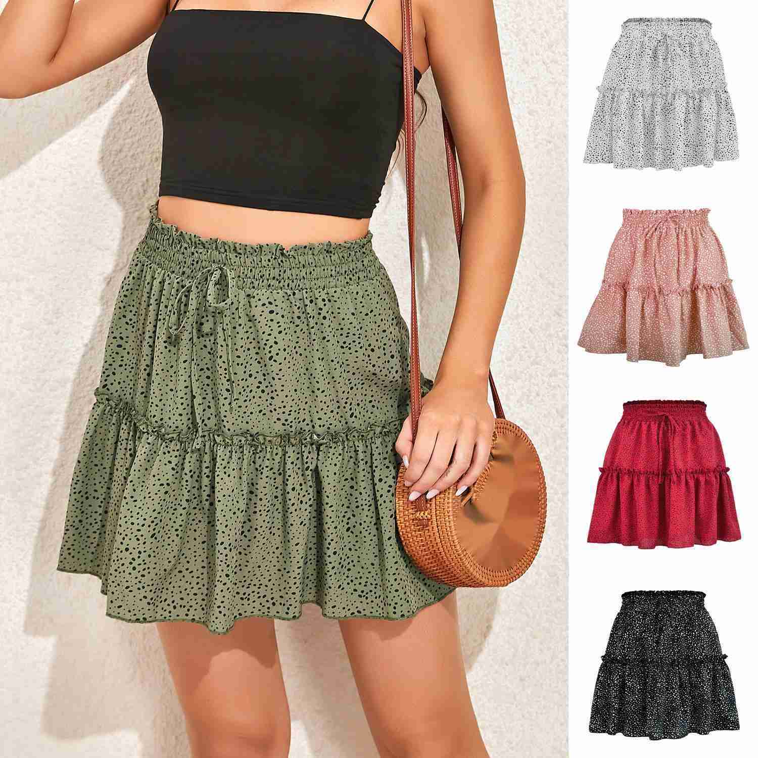 Women Ruffle Skirt Summer WoMens High Waist Chiffon Large Hem Skirt Print Pleated Dot Skirt Length Adult Skirts 241023