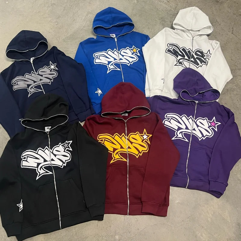 Zip Up Hoodie Y2k Harajuku Pattern Printing All Match Long Sleeved Sweatshirt Loose Oversized Streetwear Blue 240320