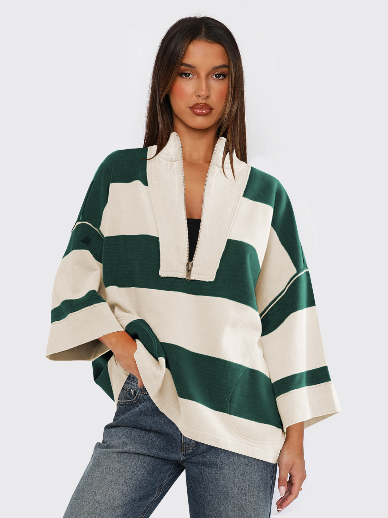 hoodies women selling striped half zipper european and american hoodie women's spring autumn color contrasting knitwear loose trendy brand sports