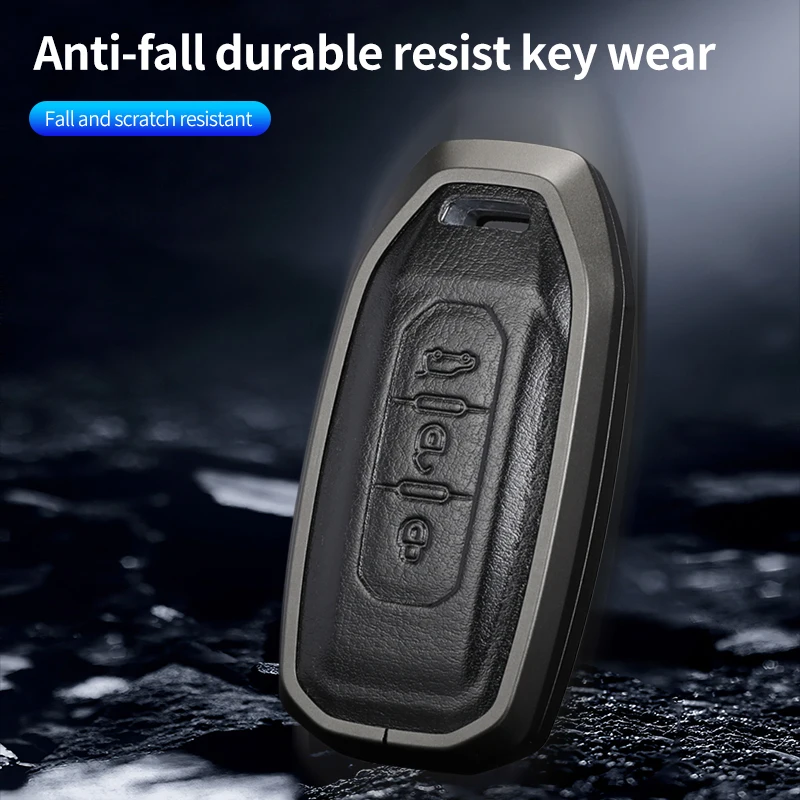 Aluminium new Alloy 2025 Leather Car Remote Key Case Holder Fob for Ford Territory EV Smart 3 Buttons Remote Key Cover Shell Keychain