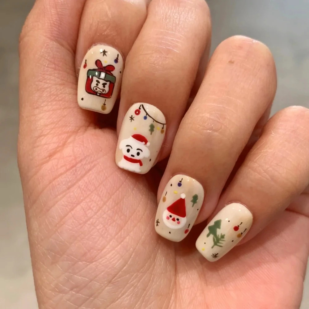 10 Handmade Pressing Christmas Nails Cute 3D Snowman Short Coffin Limited Fake Nail n Art DIY Nail Set 241031