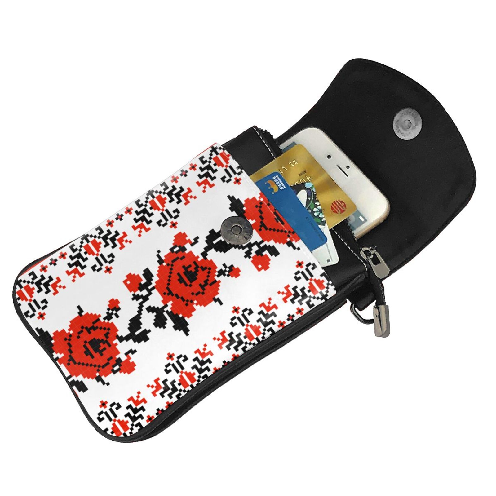 Ukrainian Embroidery Style Rose Women Cell Phone Purse Leather Crossbody Bag Mini Shoulder Bag Card Holder Wallet