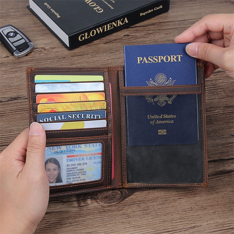 Genuine Leather Men Travel Passport Wallet for Card Design Short Wallets with Passport Holder Male Purse Coin Document Case RFID