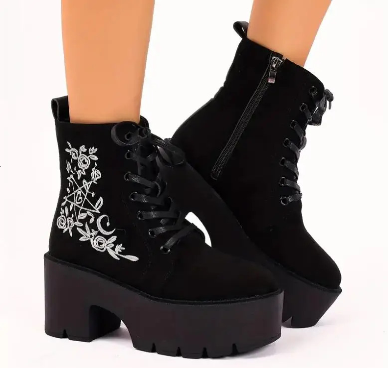 Women's Fashion Platform Ankle Ral Pattern Chunky Heeled Lace Up Combat Boots, All-Match Side Zipper Boots