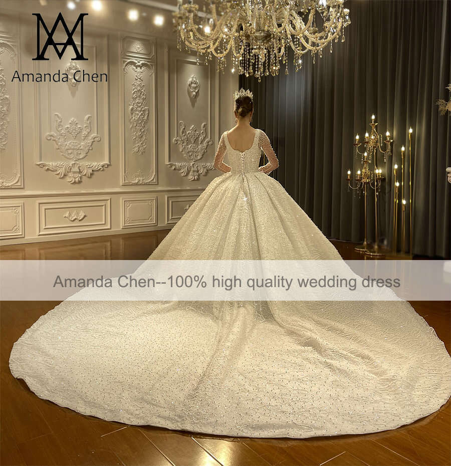 Full Sleeve Square Necke Pearls Wedding Dress
