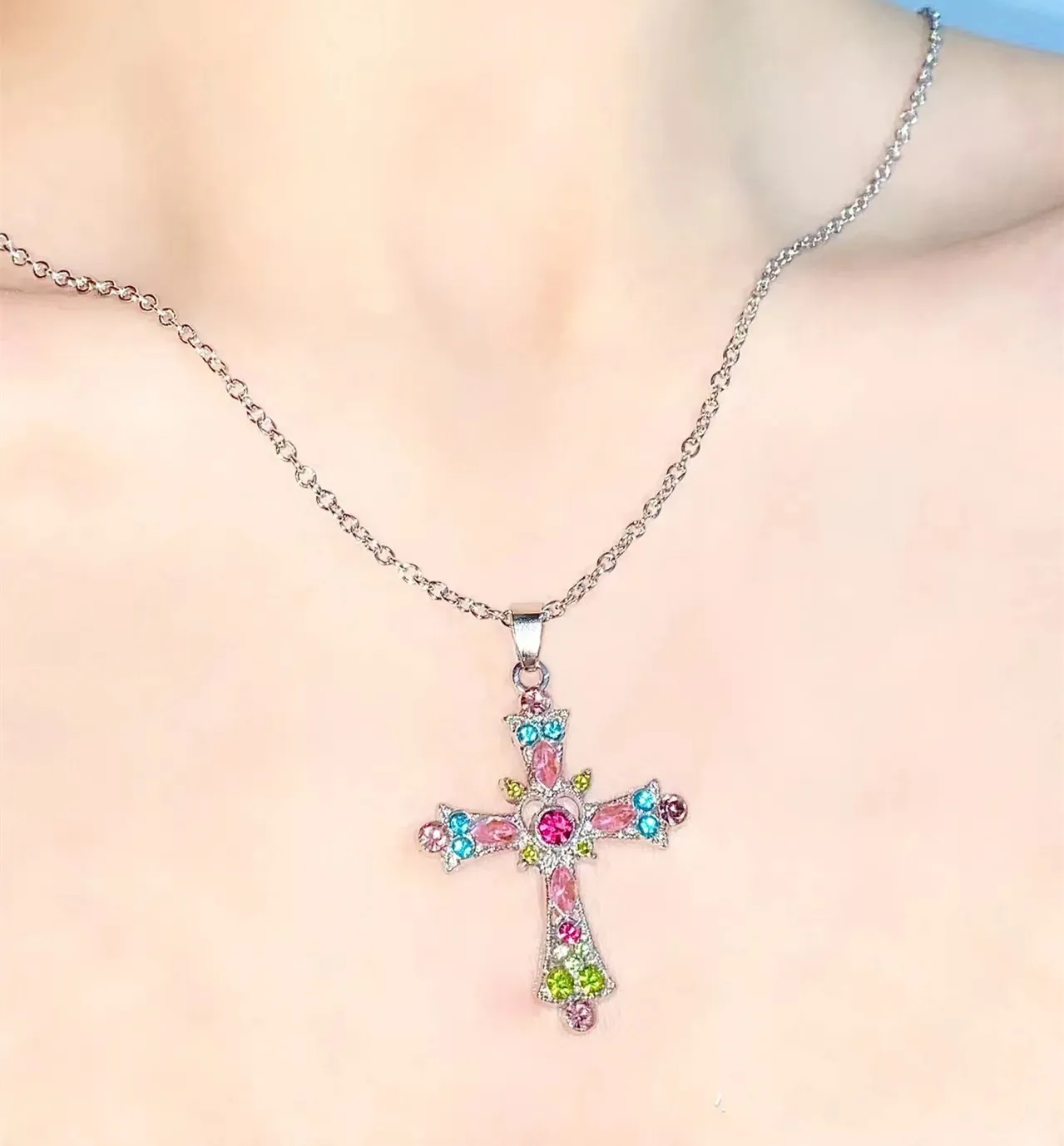 Bohemian Colorful Rhinestone Cross Necklace For 2025 new Women Exquisite Cross Pendant Alloy Choker Clavicle Chain Jewelry Friend Gifts