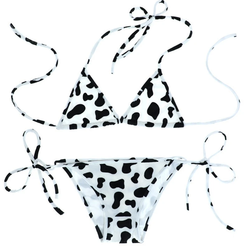 Women 2025 Milk Cow Print Bikini new Sets Sexy Halter Bras and Panty Cosplay Underwear