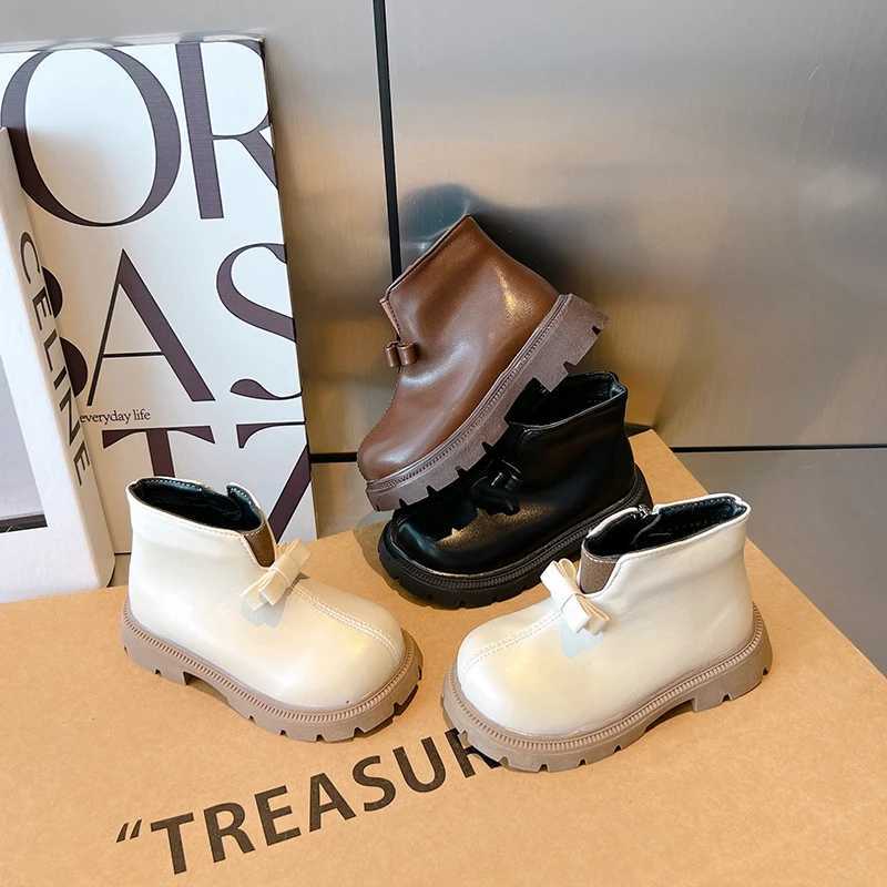 New Girl Ankle Boots Childrens Winter Shoes Princess Leather Shoes Childrens Bow Plush Warm Snow Shoes M241102