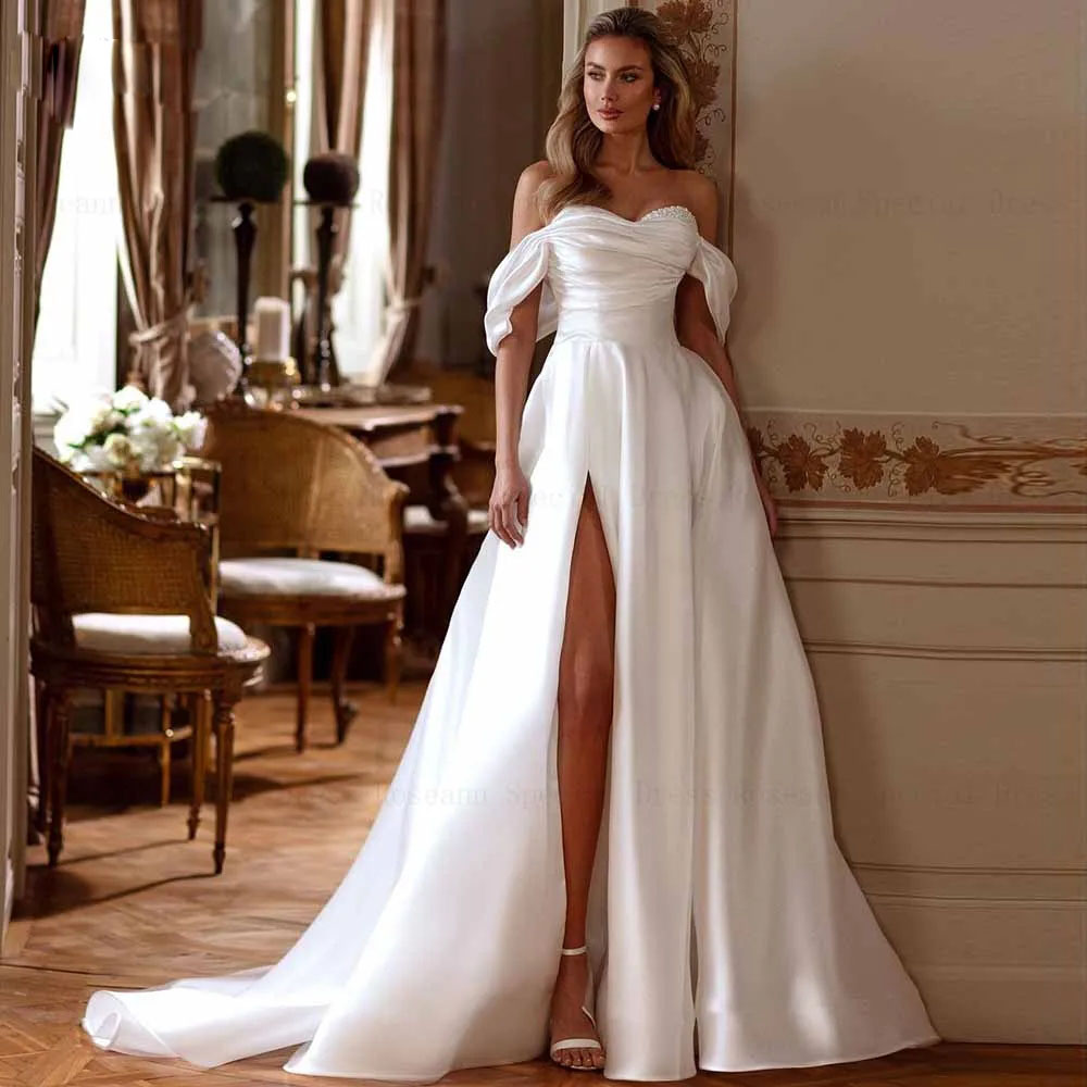 Modern Thigh High Slits Wedding Dresses Off the Shoulder Beaded Neck A Line Wedding Dress for Bride Ruched Satin robe de mariee