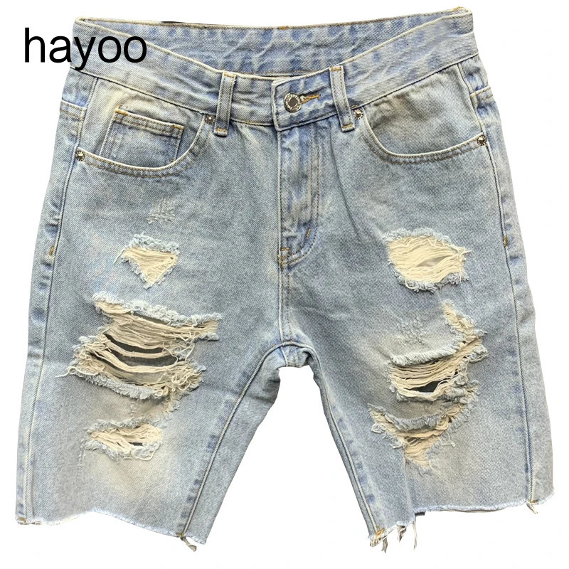 Ripped denim shorts mens light blue fifth pants trendy all-match mens loose woolen shorts Mens split stitching short jeans 240327