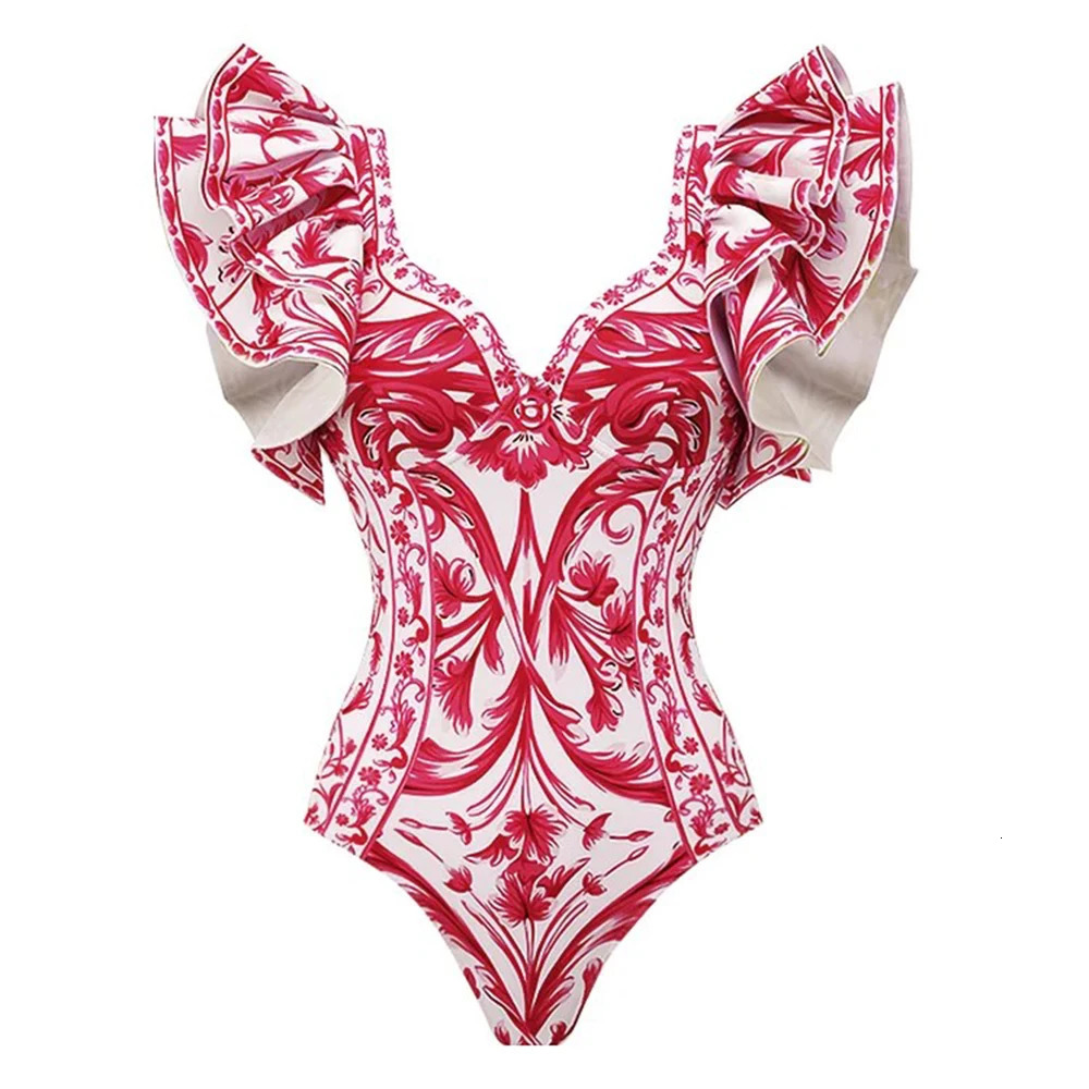 Women Swimwear 2PC Coverup Swimsuit Ruffle Solid Printed Deep V Onepiece Monokini Kimono Bikini Suit Summer Beachwear 240402