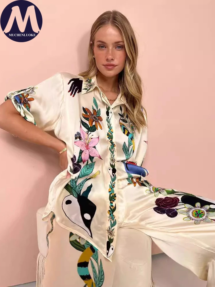 2 Piece Sets Women Outfit Summer Bohemian Style Printing Half Sleeve Shirt Suits Fashionable Casual Loose Wide Leg Pant Set 240328