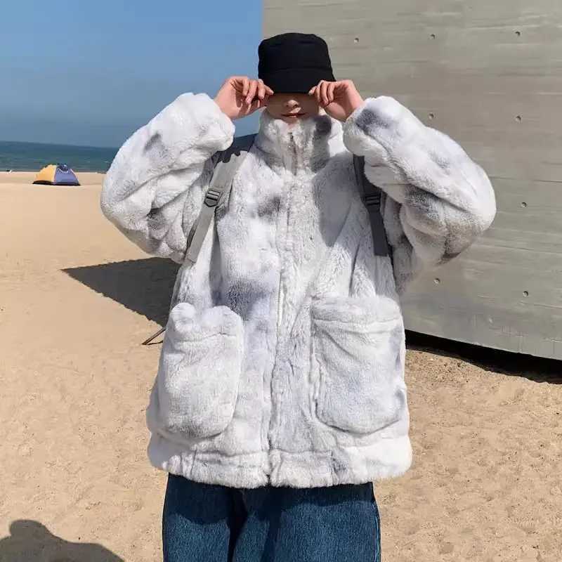 New Winter Tie-dye Lambswool Jacket Men Rabbit Hair Stand-up Collar Plus Size Loose Thickened Warm Men and Women Cotton ClothingXJ241102