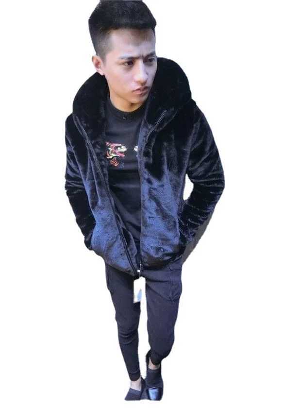 Winter Mens Faux Fur Short Hooded Faux Mink Plush Coat ThickenedXJ241102
