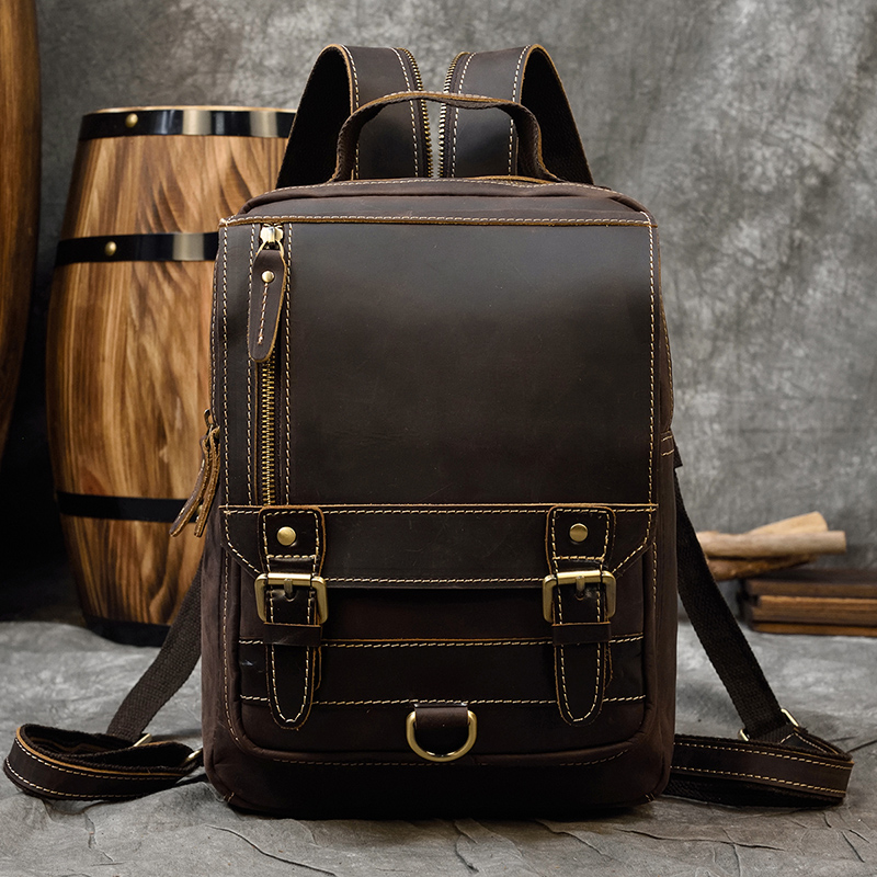 Mens Vintage Backpack, Genuine Leather Single Shoulder Chest Bag, Dual-use Cowhide Travel Bag - Mini Backpack For Outdoor Adventures New Free Delivery
